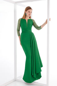 HerTrove-Striped Sleeve Draped Crepe Gown