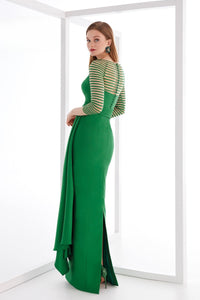 HerTrove-Striped Sleeve Draped Crepe Gown