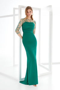 HerTrove-Lace Sleeve Fitted Crepe Gown