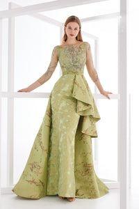 HerTrove-Sheer Sleeve Layered Brocade Gown