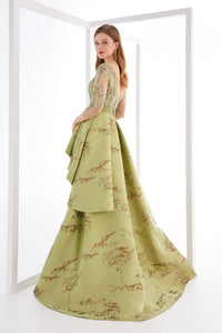 HerTrove-Sheer Sleeve Layered Brocade Gown
