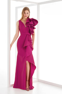HerTrove-Ruffled Front Gown with Slit
