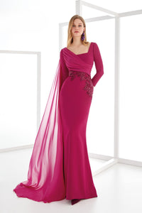 HerTrove-Lace Waist Gown with Sheer Cape