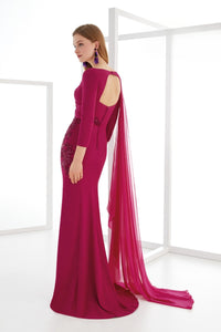 HerTrove-Lace Waist Gown with Sheer Cape