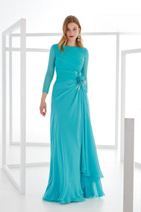 HerTrove-Pleated Bodice Gown with Floral Detail