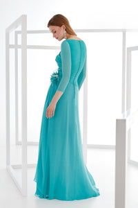 HerTrove-Pleated Bodice Gown with Floral Detail