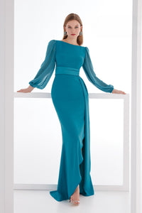 HerTrove-Sheer Sleeve Gown with Draped Skirt