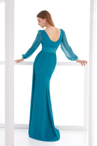 HerTrove-Sheer Sleeve Gown with Draped Skirt