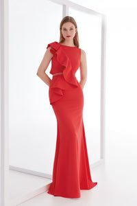 HerTrove-Ruffle Detail Gown with Fitted Silhouette