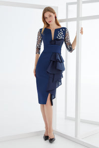Short dress with lace sleeves and cascading ruffle skirt Navy / FR 52 Short dress with lace sleeves and cascading ruffle skirt Navy / FR 52
