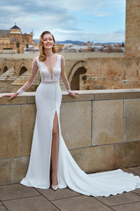 HerTrove-white gown with plunging neckline and thigh-high slit