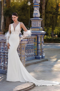 HerTrove-Elegant white gown with plunging neckline and feather details