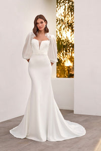 HerTrove-mermaid gown with puff sleeves and plunging neckline