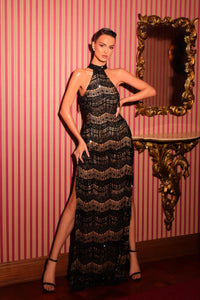 HerTrove-Beaded Fringe Chevron Halter Gown