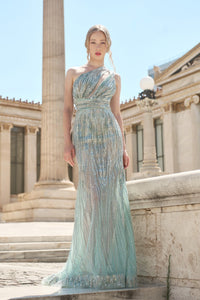 HerTrove-Aqua One-Shoulder Beaded Sheer Gown