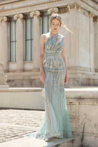 HerTrove-Aqua One-Shoulder Beaded Sheer Gown
