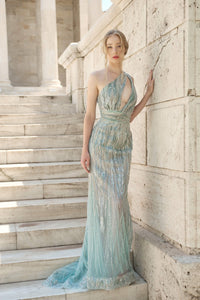 HerTrove-Aqua One-Shoulder Beaded Sheer Gown