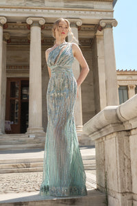 HerTrove-Aqua One-Shoulder Beaded Sheer Gown