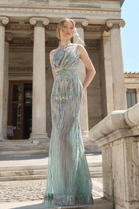HerTrove-Aqua One-Shoulder Beaded Sheer Gown
