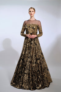 HerTrove-Long sleeve gold and crystal embroidered ball gown