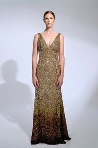 HerTrove-Novelty sequin embroidered ombre V neck gown