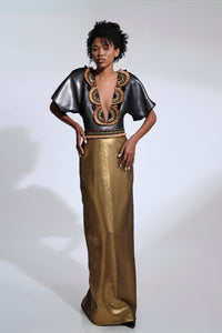 HerTrove-V-neck gown with raffia beaded embroidery