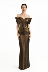 bronze copper formal dress Long Sleeve Metallic Jersey Evening Gown in length design ensures formal sophistication Metallic Copper Halter Maxi Dress