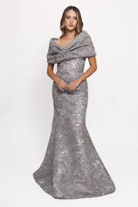 HerTrove-Gunmetal silver embroidered gown with bolero