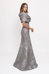HerTrove-Gunmetal silver embroidered gown with bolero