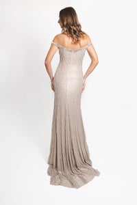 HerTrove-Off-shoulder embellished gown in silver tones