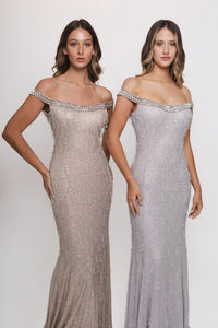 HerTrove-Off-shoulder embellished gown in silver tones