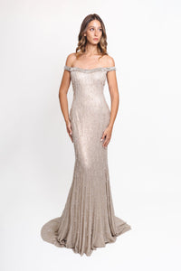 HerTrove-Off-shoulder embellished gown in silver tones