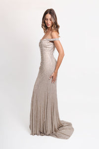 HerTrove-Off-shoulder embellished gown in silver tones