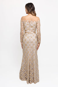 HerTrove-Off-shoulder beaded gown in gold silver
