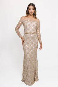 HerTrove-Off-shoulder beaded gown in gold silver