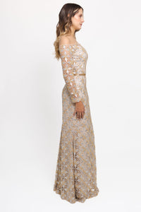 HerTrove-Off-shoulder beaded gown in gold silver