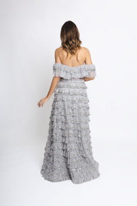 HerTrove-Silver off-shoulder multitier embroidered gown
