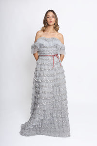 HerTrove-Silver off-shoulder multitier embroidered gown