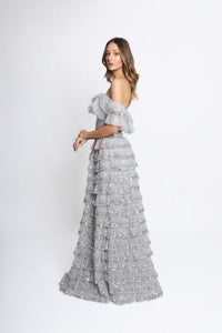 HerTrove-Silver off-shoulder multitier embroidered gown