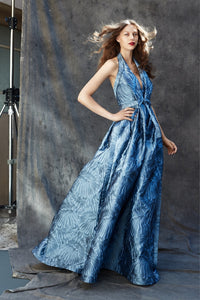 HerTrove-Deep v-neckline halter dress in Italian jacquard