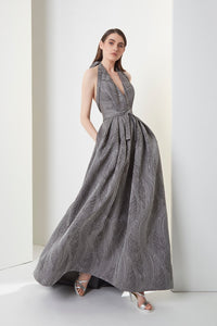 HerTrove-Deep v-neckline halter dress in Italian jacquard with self
belt and pockets
