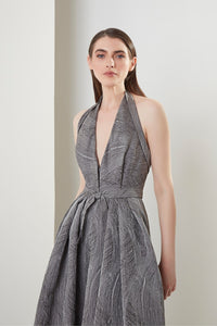 HerTrove-Deep v-neckline halter dress in Italian jacquard with self
belt and pockets