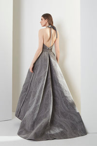 HerTrove-Deep v-neckline halter dress in Italian jacquard with self
belt and pockets