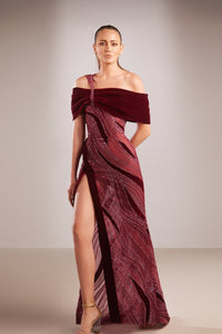 Her Trove-Off shoulder beaded gown