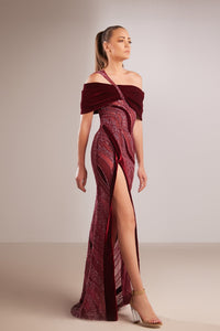 Her Trove-Off shoulder beaded gown