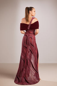 Her Trove-Off shoulder beaded gown