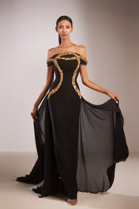 Her Trove-Beaded crepe dress with train