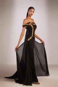 Her Trove-Beaded crepe dress with train