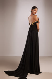 Her Trove-Beaded crepe dress with train