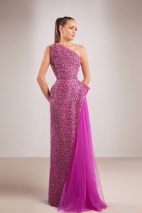 Her Trove-Asymmetrical neckline beaded gown